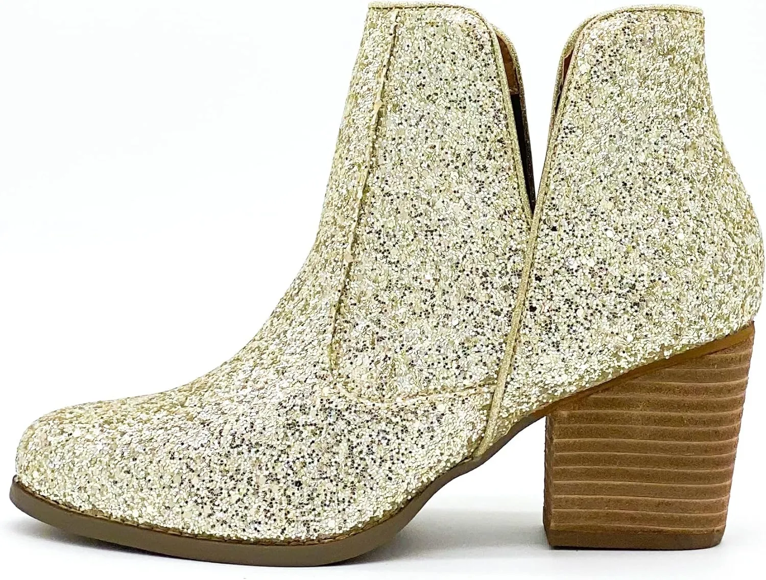 Not Rated Fiera High Heel V-Cut Boot, Sparkly Ankle Boots for Women with Almond Toe, Dress Shoe with 2-3/4" Stacked Block Heel
