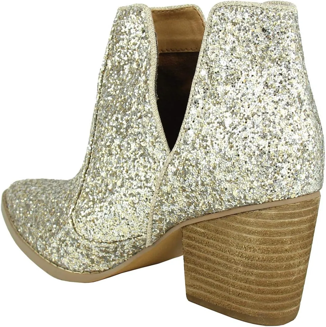 Not Rated Fiera High Heel V-Cut Boot, Sparkly Ankle Boots for Women with Almond Toe, Dress Shoe with 2-3/4" Stacked Block Heel
