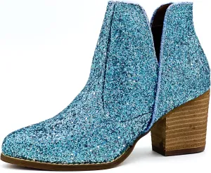 Not Rated Fiera High Heel V-Cut Boot, Sparkly Ankle Boots for Women with Almond Toe, Dress Shoe with 2-3/4" Stacked Block Heel