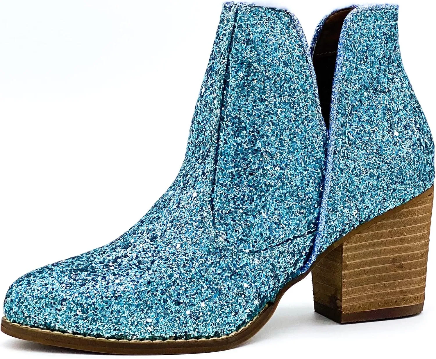 Not Rated Fiera High Heel V-Cut Boot, Sparkly Ankle Boots for Women with Almond Toe, Dress Shoe with 2-3/4" Stacked Block Heel