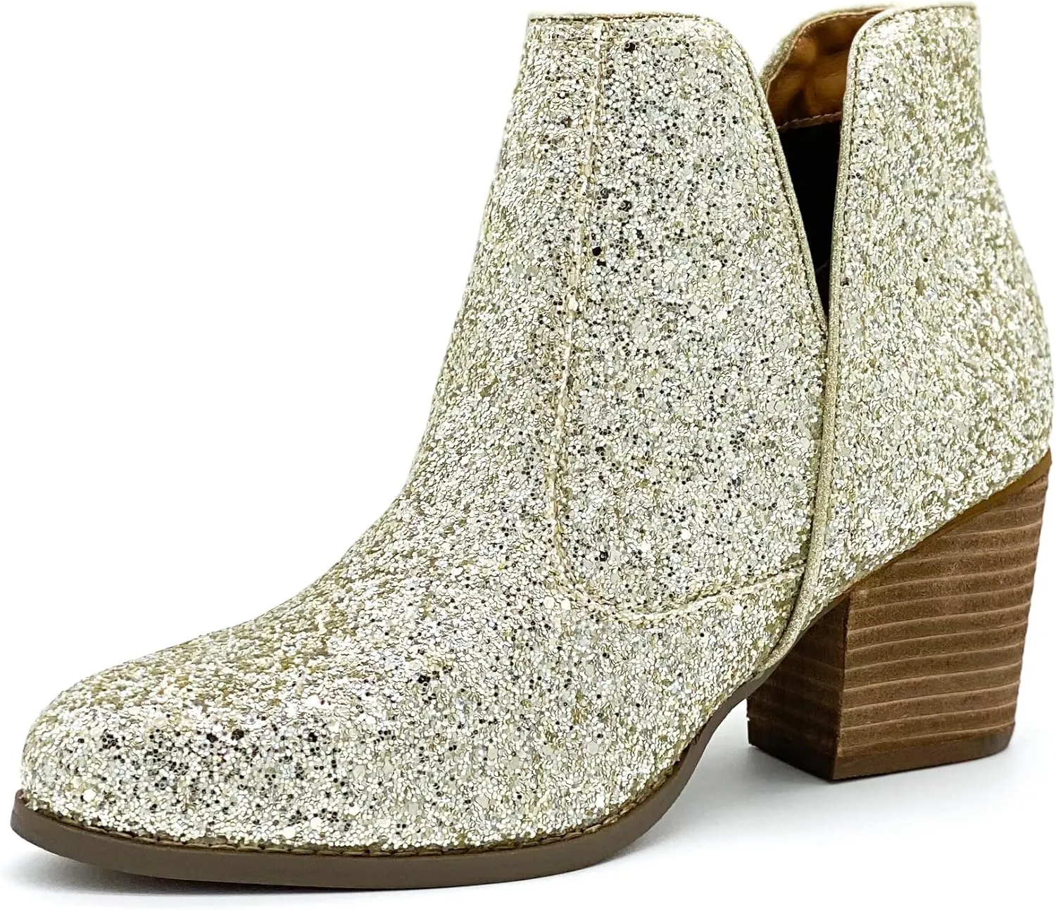 Not Rated Fiera High Heel V-Cut Boot, Sparkly Ankle Boots for Women with Almond Toe, Dress Shoe with 2-3/4" Stacked Block Heel