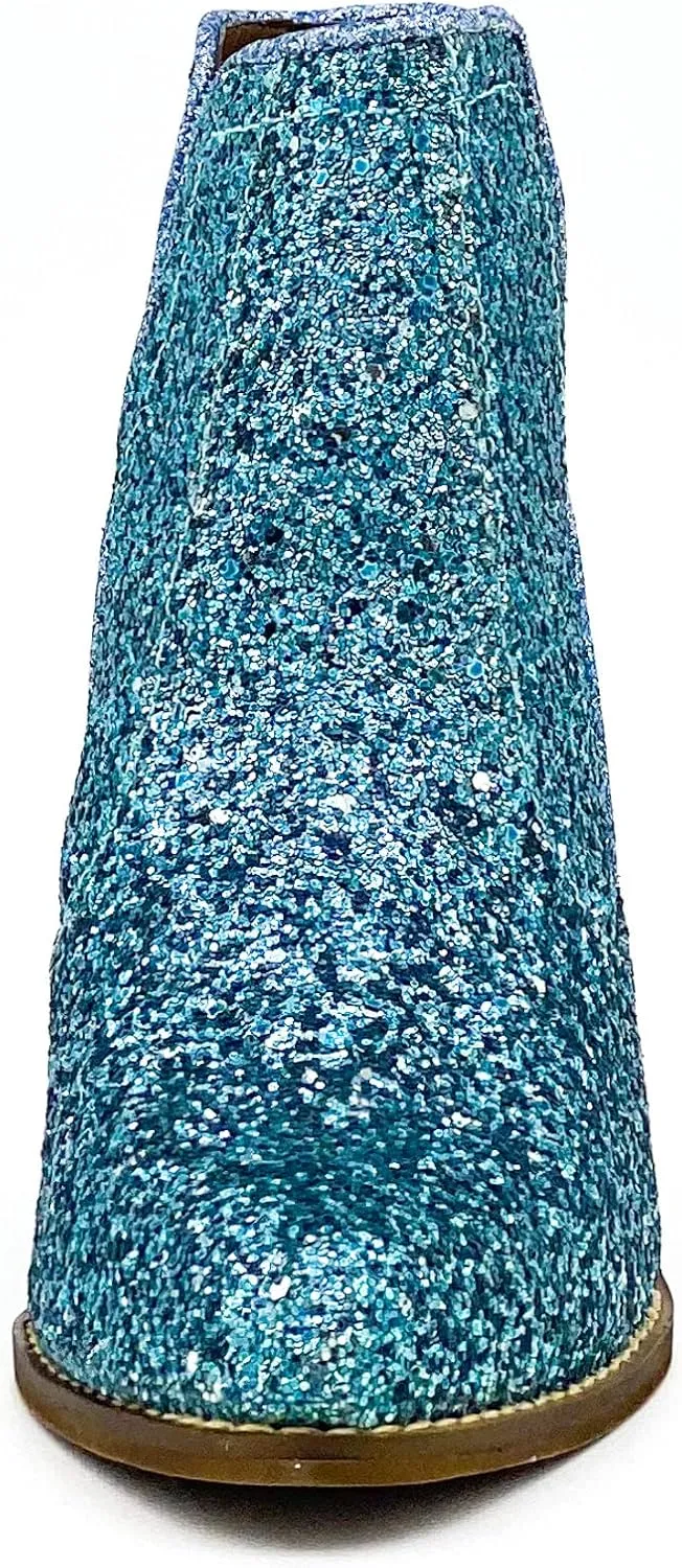 Not Rated Fiera High Heel V-Cut Boot, Sparkly Ankle Boots for Women with Almond Toe, Dress Shoe with 2-3/4" Stacked Block Heel
