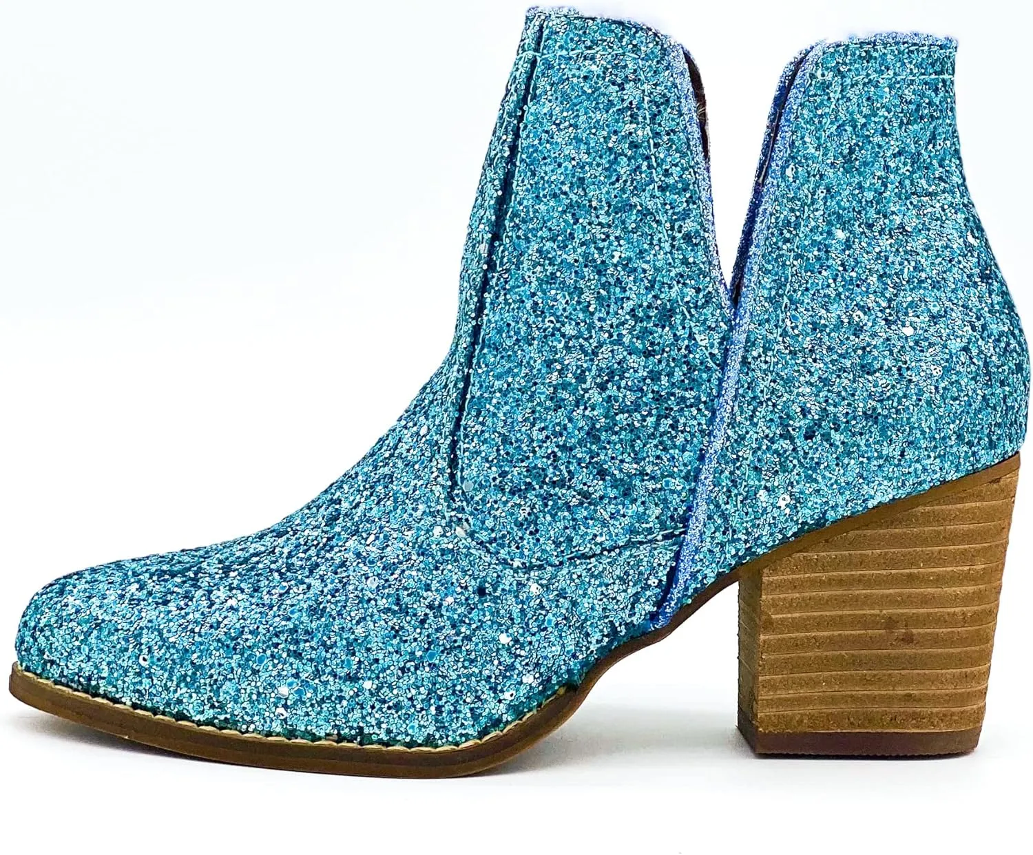 Not Rated Fiera High Heel V-Cut Boot, Sparkly Ankle Boots for Women with Almond Toe, Dress Shoe with 2-3/4" Stacked Block Heel