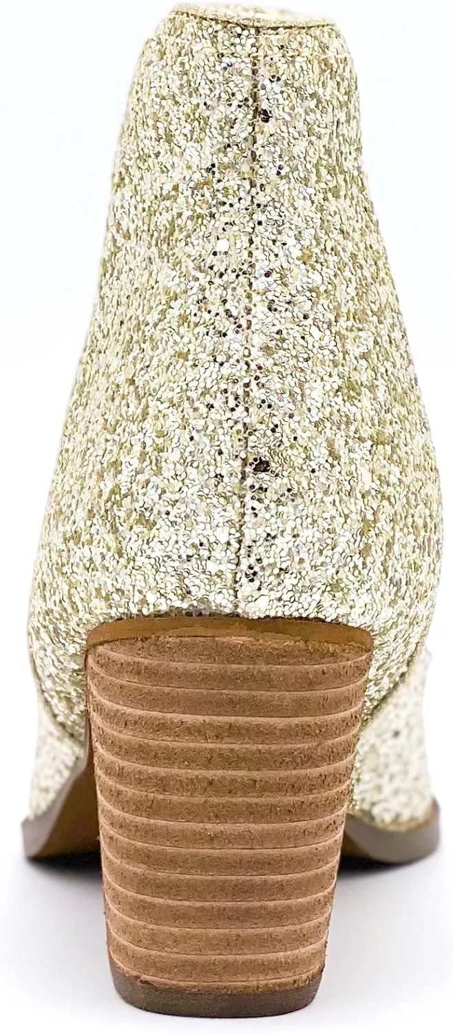 Not Rated Fiera High Heel V-Cut Boot, Sparkly Ankle Boots for Women with Almond Toe, Dress Shoe with 2-3/4" Stacked Block Heel
