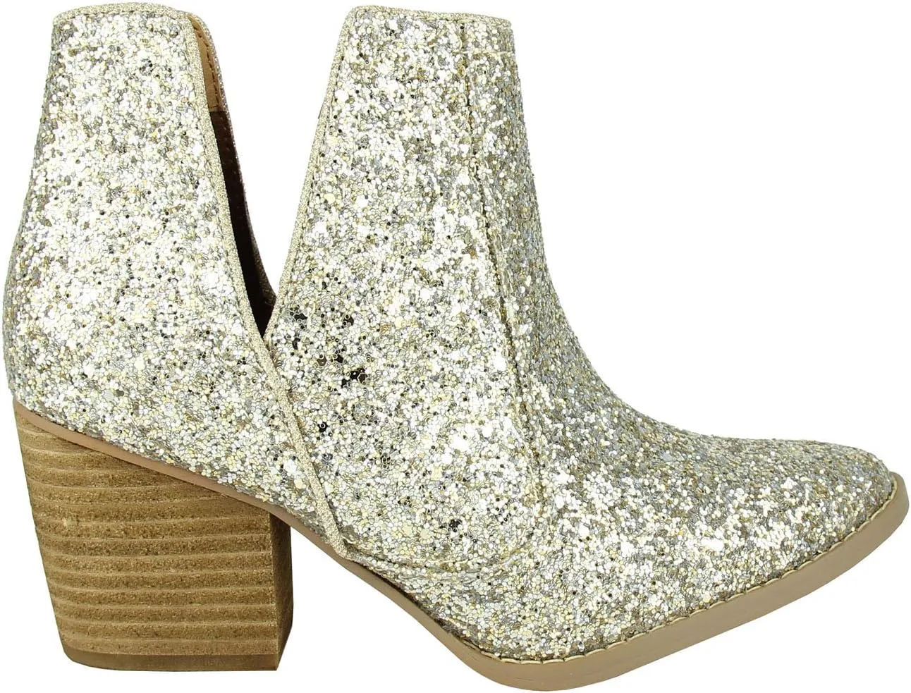 Not Rated Fiera High Heel V-Cut Boot, Sparkly Ankle Boots for Women with Almond Toe, Dress Shoe with 2-3/4" Stacked Block Heel