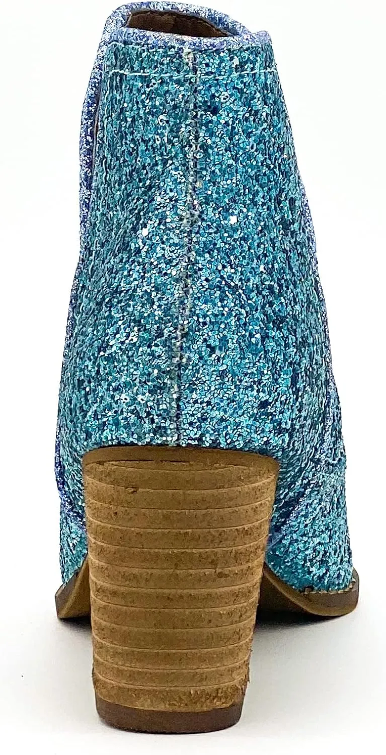 Not Rated Fiera High Heel V-Cut Boot, Sparkly Ankle Boots for Women with Almond Toe, Dress Shoe with 2-3/4" Stacked Block Heel