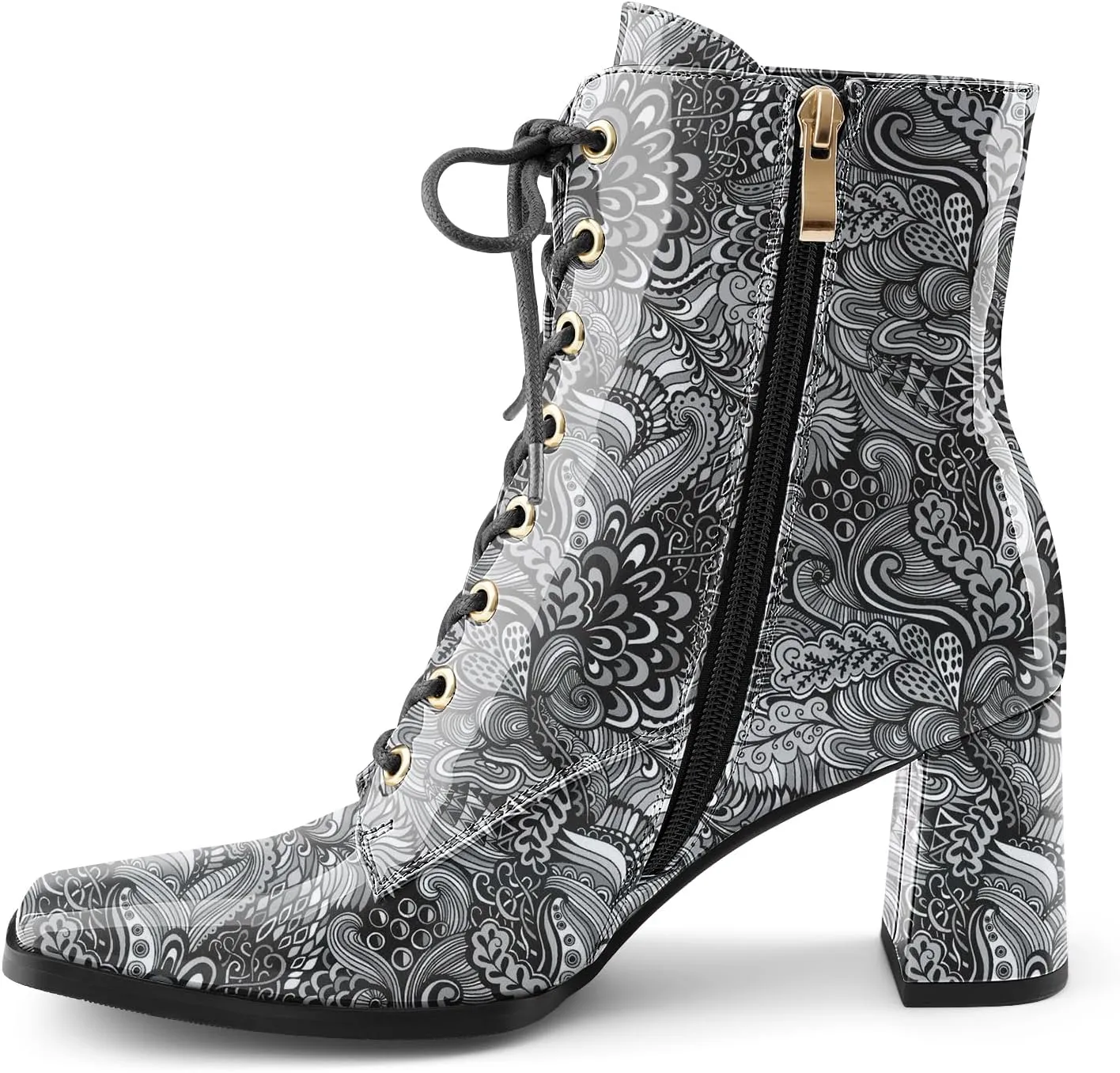Oh Mispares Women's Chunky Heel Ankle Boots Square Toe Lace-up Chunky Block Heeled Side Zipper Short Booties Comfortable Walking Boot Shoes