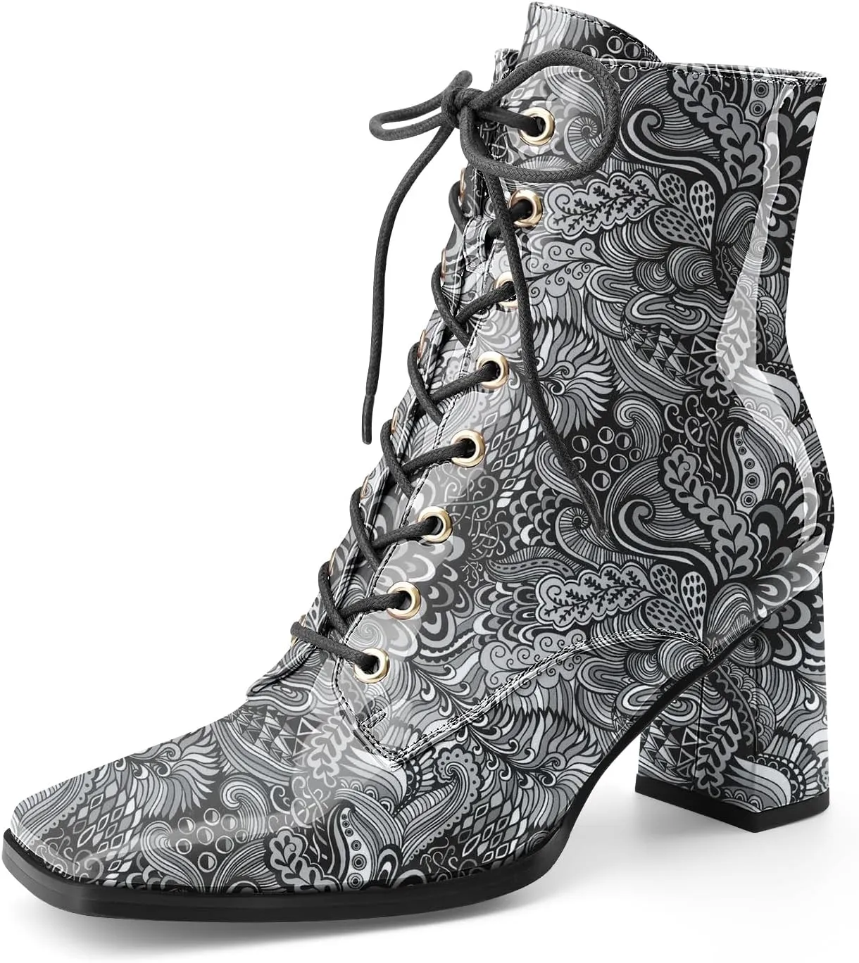Oh Mispares Women's Chunky Heel Ankle Boots Square Toe Lace-up Chunky Block Heeled Side Zipper Short Booties Comfortable Walking Boot Shoes