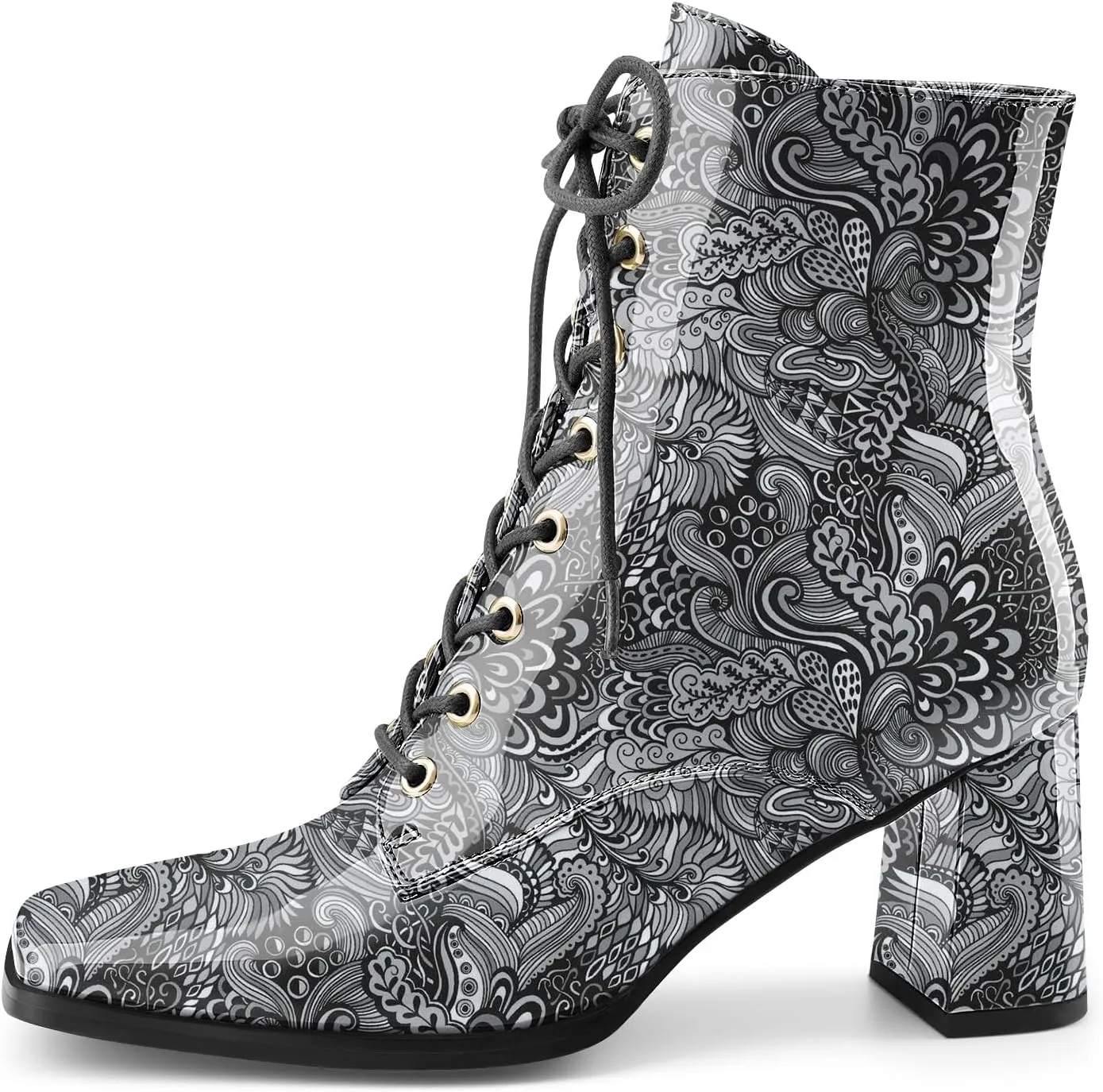 Oh Mispares Women's Chunky Heel Ankle Boots Square Toe Lace-up Chunky Block Heeled Side Zipper Short Booties Comfortable Walking Boot Shoes