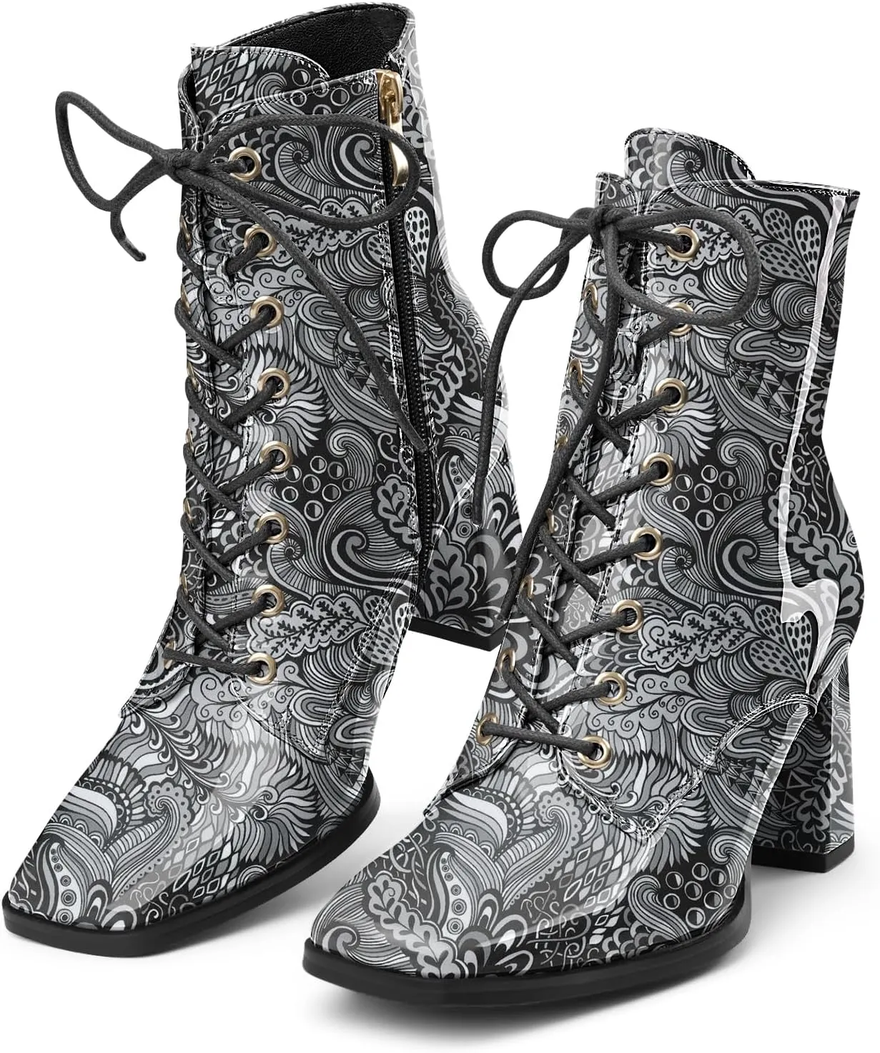 Oh Mispares Women's Chunky Heel Ankle Boots Square Toe Lace-up Chunky Block Heeled Side Zipper Short Booties Comfortable Walking Boot Shoes