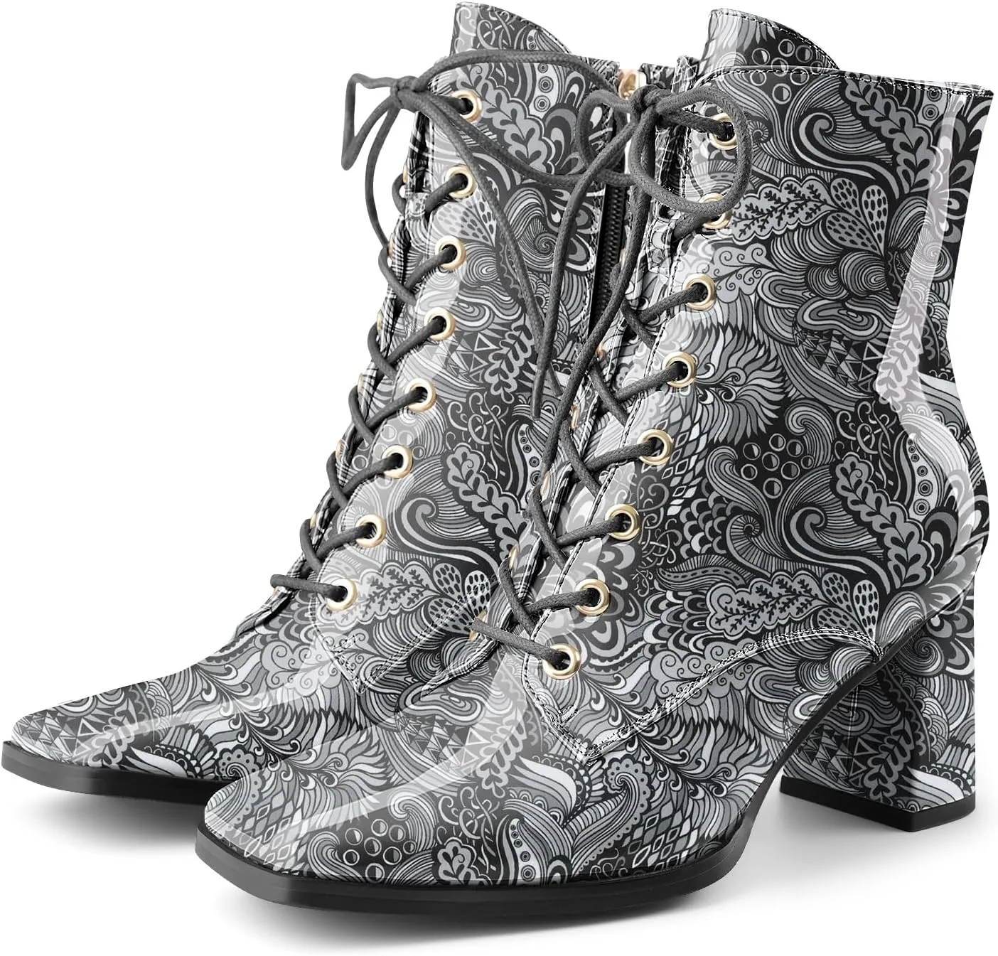 Oh Mispares Women's Chunky Heel Ankle Boots Square Toe Lace-up Chunky Block Heeled Side Zipper Short Booties Comfortable Walking Boot Shoes