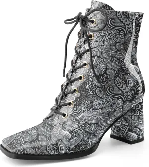 Oh Mispares Women's Chunky Heel Ankle Boots Square Toe Lace-up Chunky Block Heeled Side Zipper Short Booties Comfortable Walking Boot Shoes