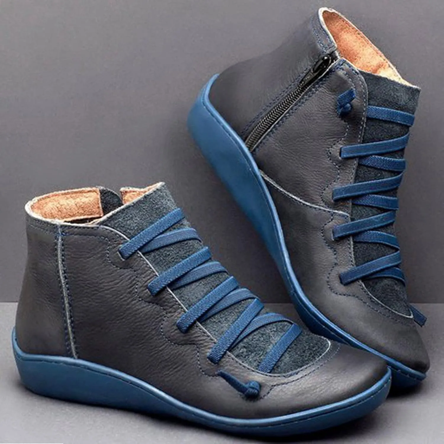 oiangi Leather Boots for Women Casual Retro Round Toe Lace-Up Flat Ankle Booties Side Zipper Plus Size Comfortable Ladies Outdoor Shoe Short Boots
