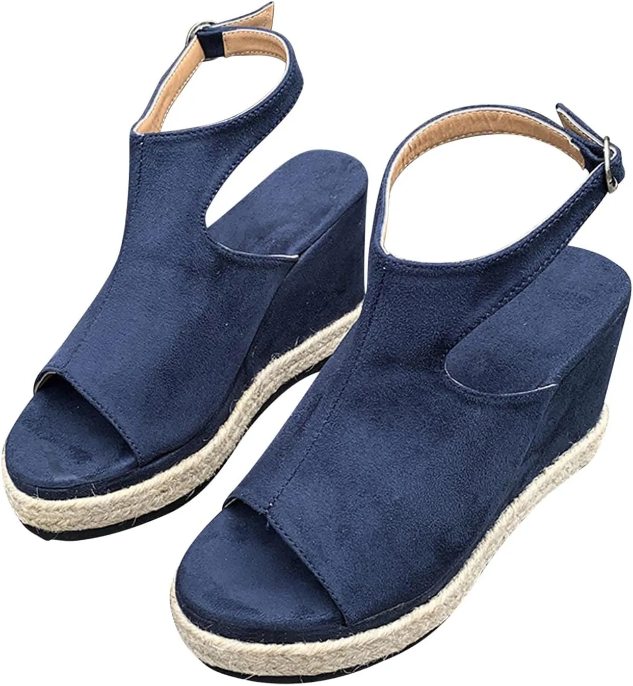 oiangi Slingback Sandals for Women Wedge Heel Summer Casual Fish Mouth Open Toe Suede Buckle Platform Sandals Solid Comfortable Chunky High Heel Shoes