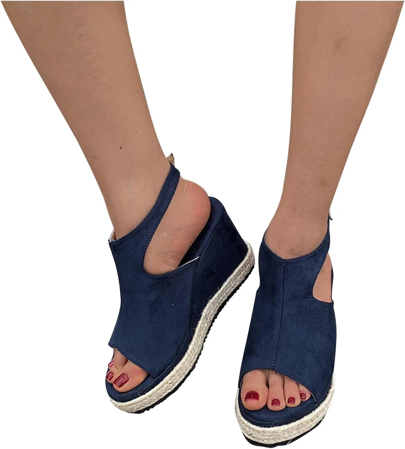 oiangi Slingback Sandals for Women Wedge Heel Summer Casual Fish Mouth Open Toe Suede Buckle Platform Sandals Solid Comfortable Chunky High Heel Shoes