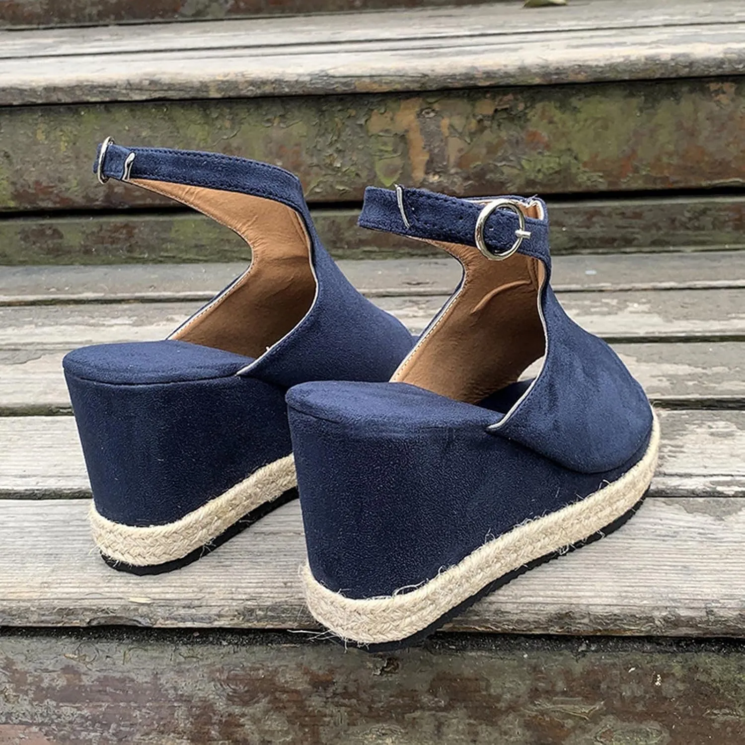 oiangi Slingback Sandals for Women Wedge Heel Summer Casual Fish Mouth Open Toe Suede Buckle Platform Sandals Solid Comfortable Chunky High Heel Shoes
