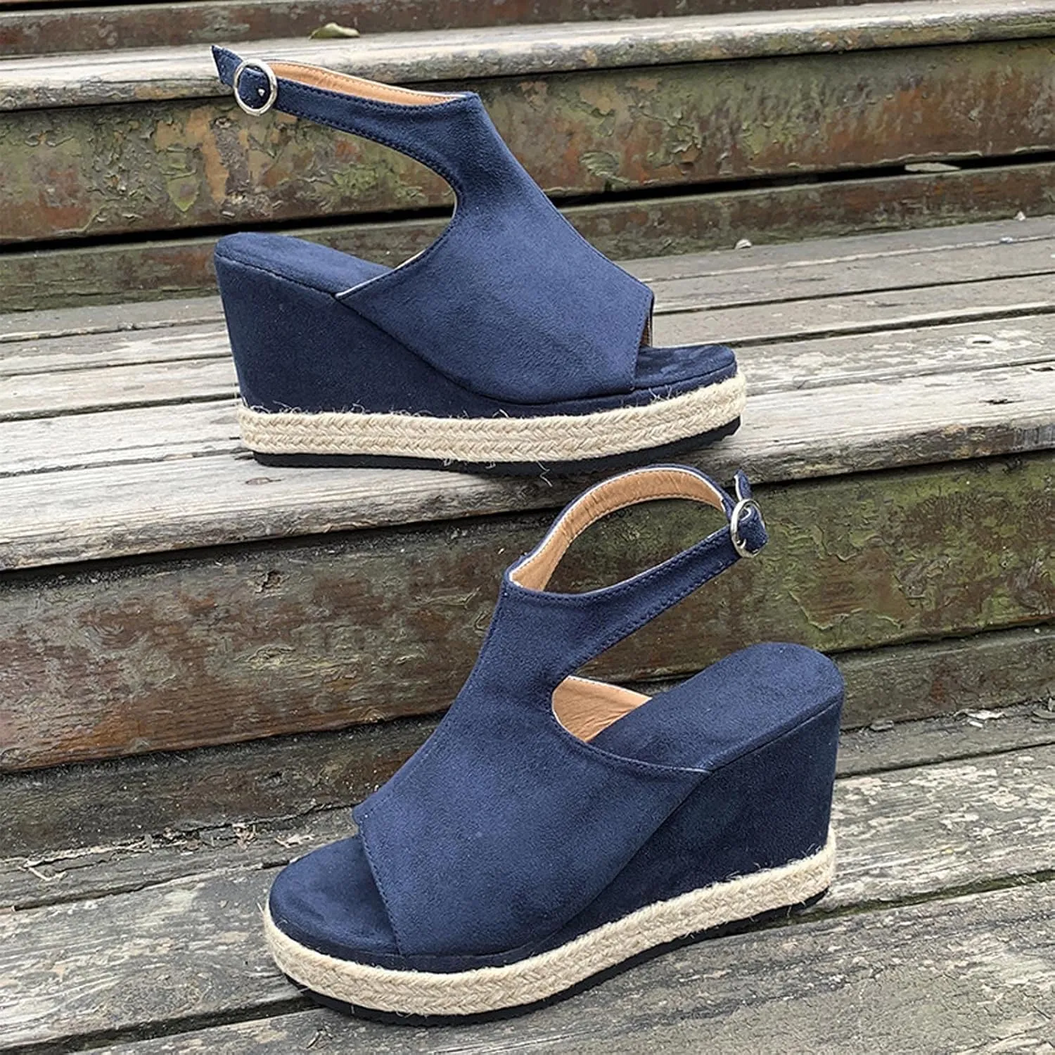oiangi Slingback Sandals for Women Wedge Heel Summer Casual Fish Mouth Open Toe Suede Buckle Platform Sandals Solid Comfortable Chunky High Heel Shoes