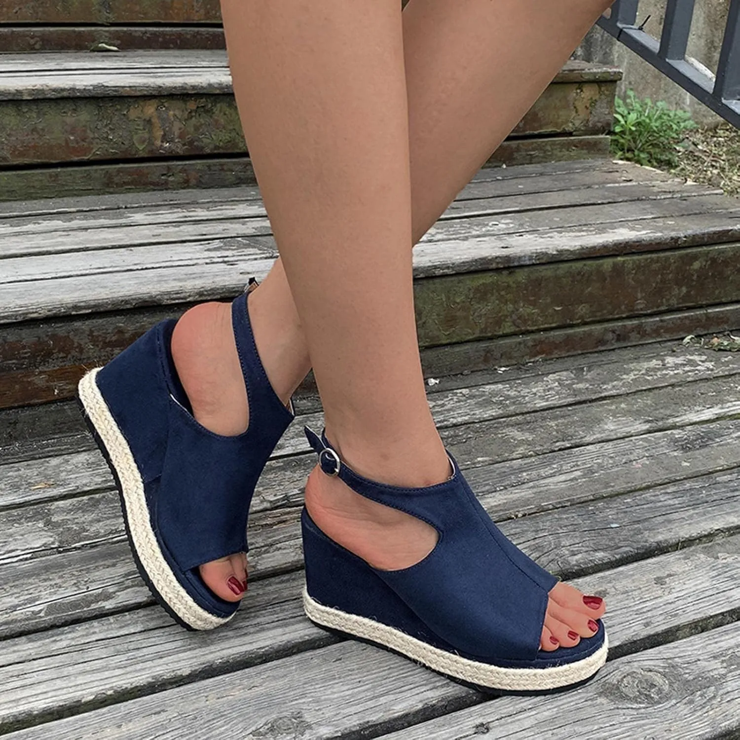 oiangi Slingback Sandals for Women Wedge Heel Summer Casual Fish Mouth Open Toe Suede Buckle Platform Sandals Solid Comfortable Chunky High Heel Shoes