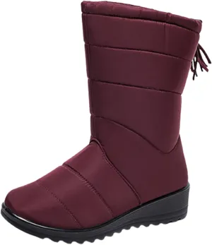 oiangi Snow Boots for Women Winter High Tube Fringed Round Toe Warm Waterproof Cloth Mid-Calf Boot Comfortable Stretch Slip-On Wedges Casual Shoes