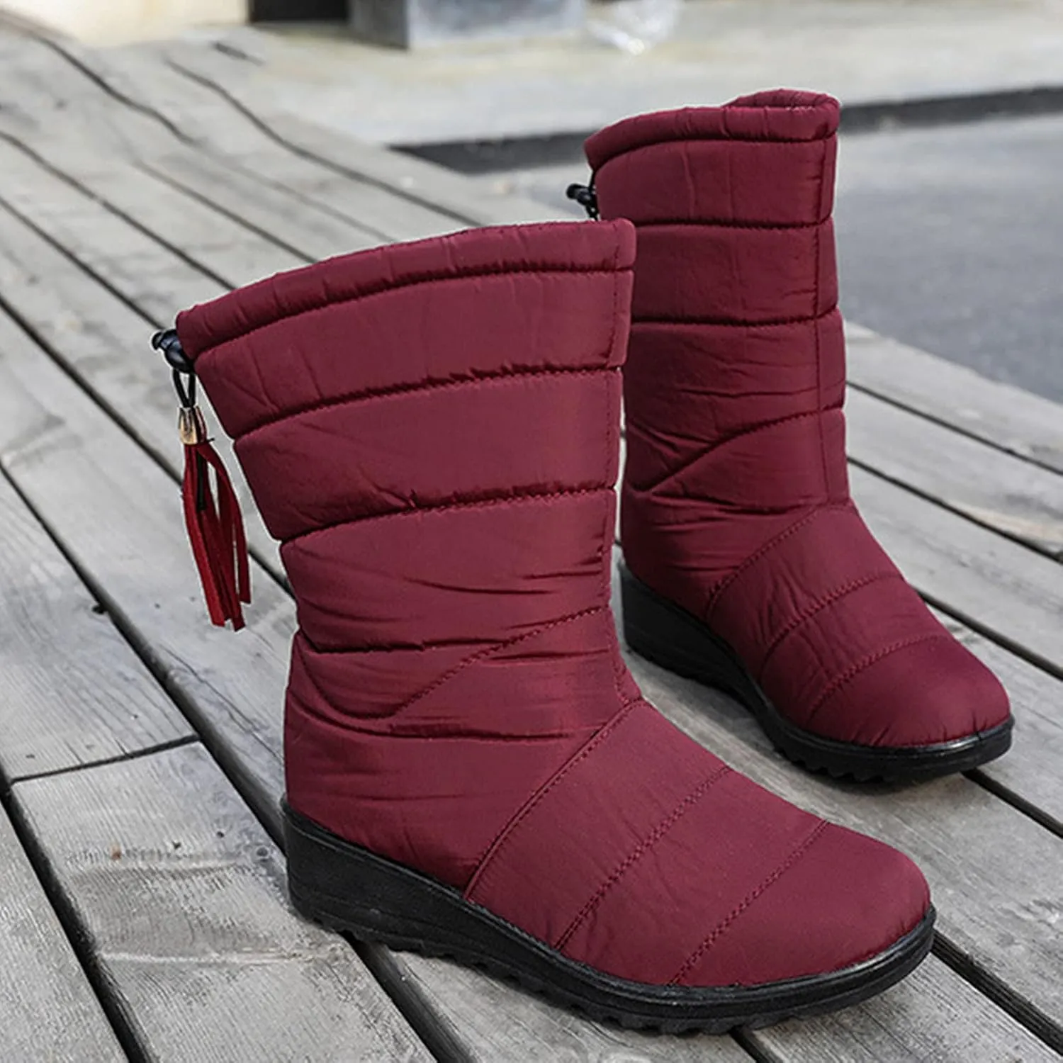 oiangi Snow Boots for Women Winter High Tube Fringed Round Toe Warm Waterproof Cloth Mid-Calf Boot Comfortable Stretch Slip-On Wedges Casual Shoes
