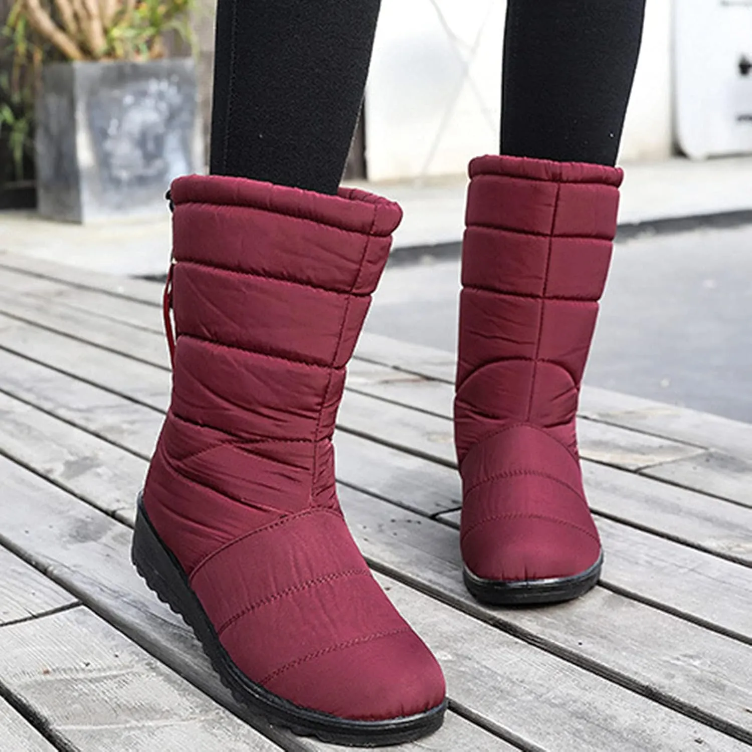 oiangi Snow Boots for Women Winter High Tube Fringed Round Toe Warm Waterproof Cloth Mid-Calf Boot Comfortable Stretch Slip-On Wedges Casual Shoes