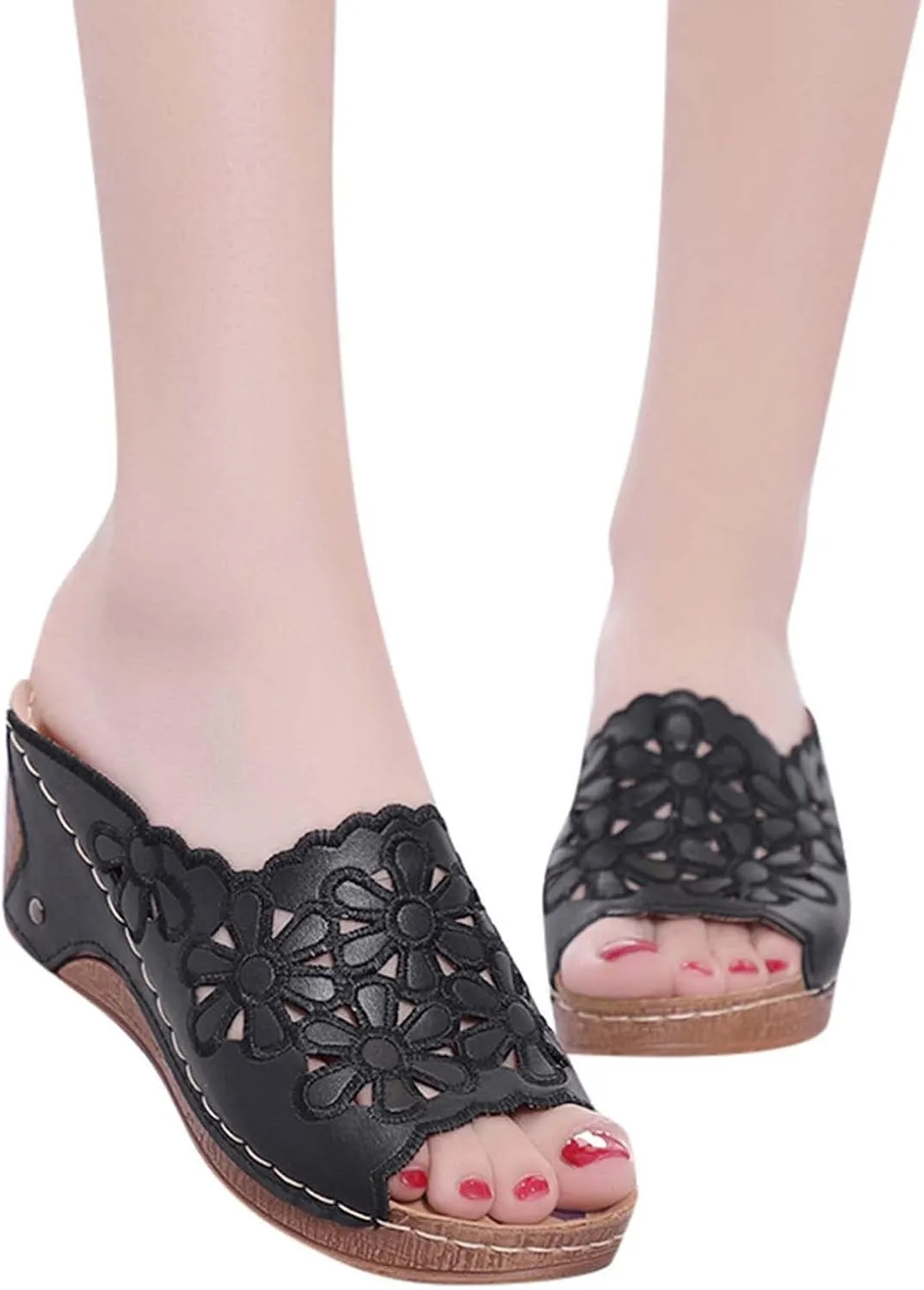 oiangi Wedge Sandals for Women Casual Summer Flower Hollow Open Toe Slip-on Platforms Slipper Comfortable Outdoor Ladies Shoes Flip Flops Sandalias