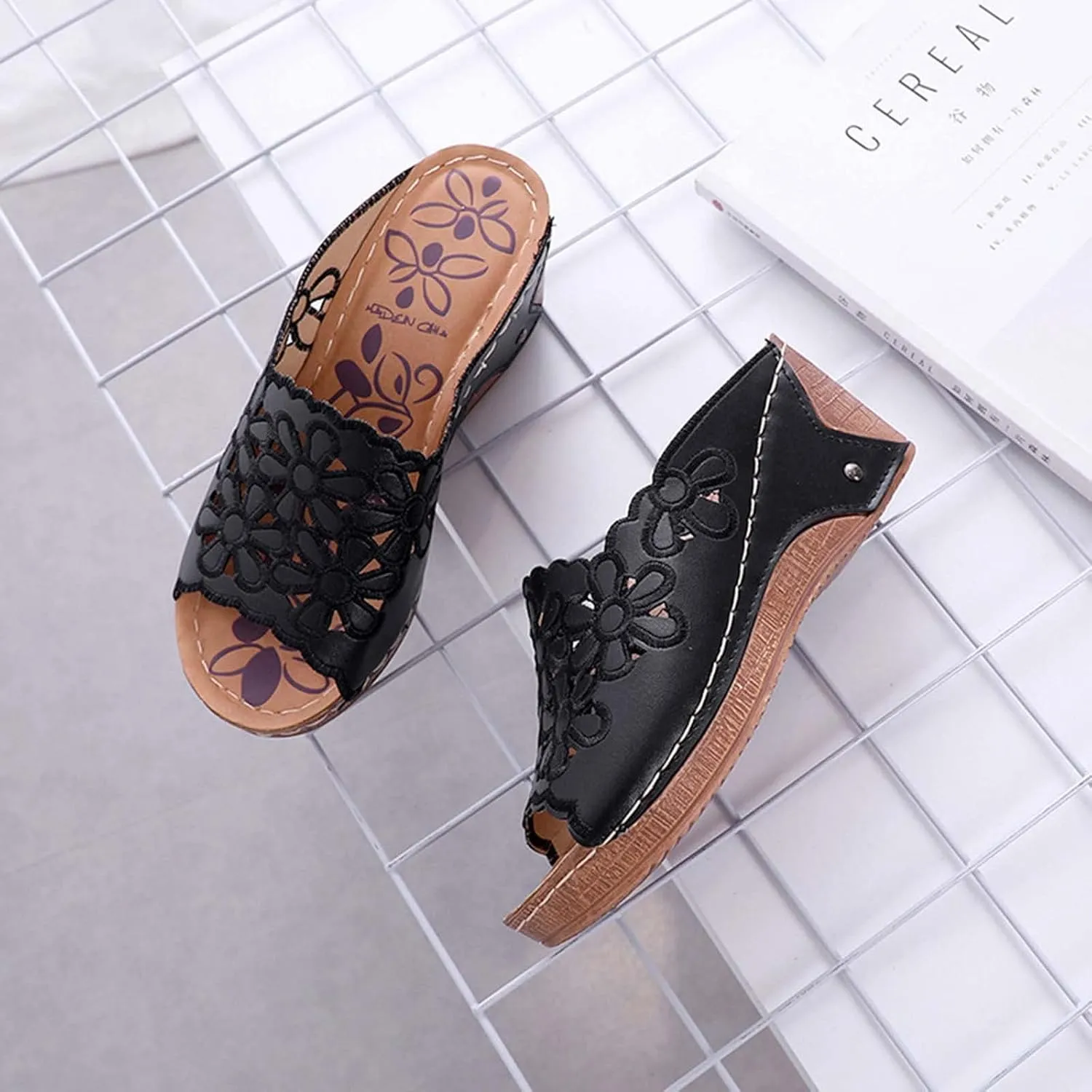 oiangi Wedge Sandals for Women Casual Summer Flower Hollow Open Toe Slip-on Platforms Slipper Comfortable Outdoor Ladies Shoes Flip Flops Sandalias