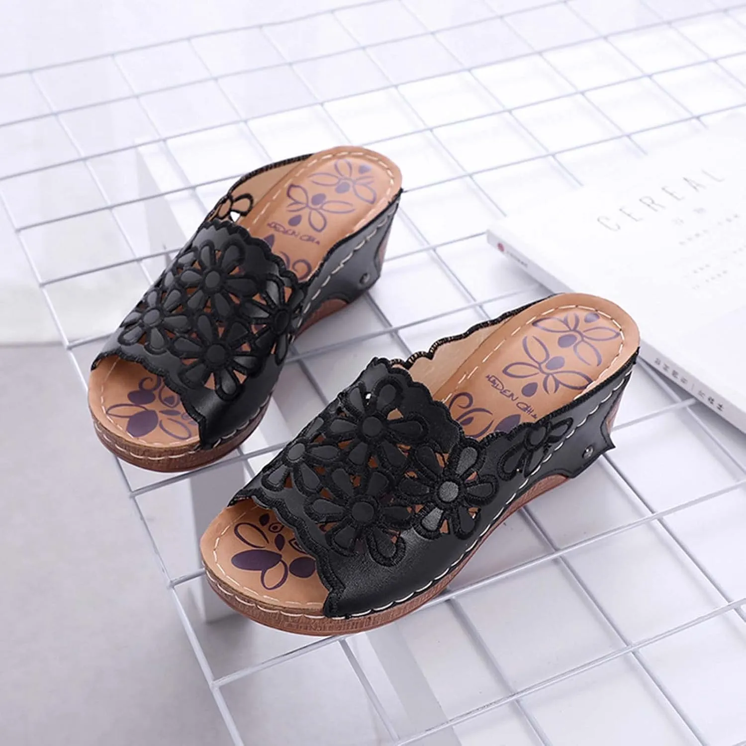 oiangi Wedge Sandals for Women Casual Summer Flower Hollow Open Toe Slip-on Platforms Slipper Comfortable Outdoor Ladies Shoes Flip Flops Sandalias