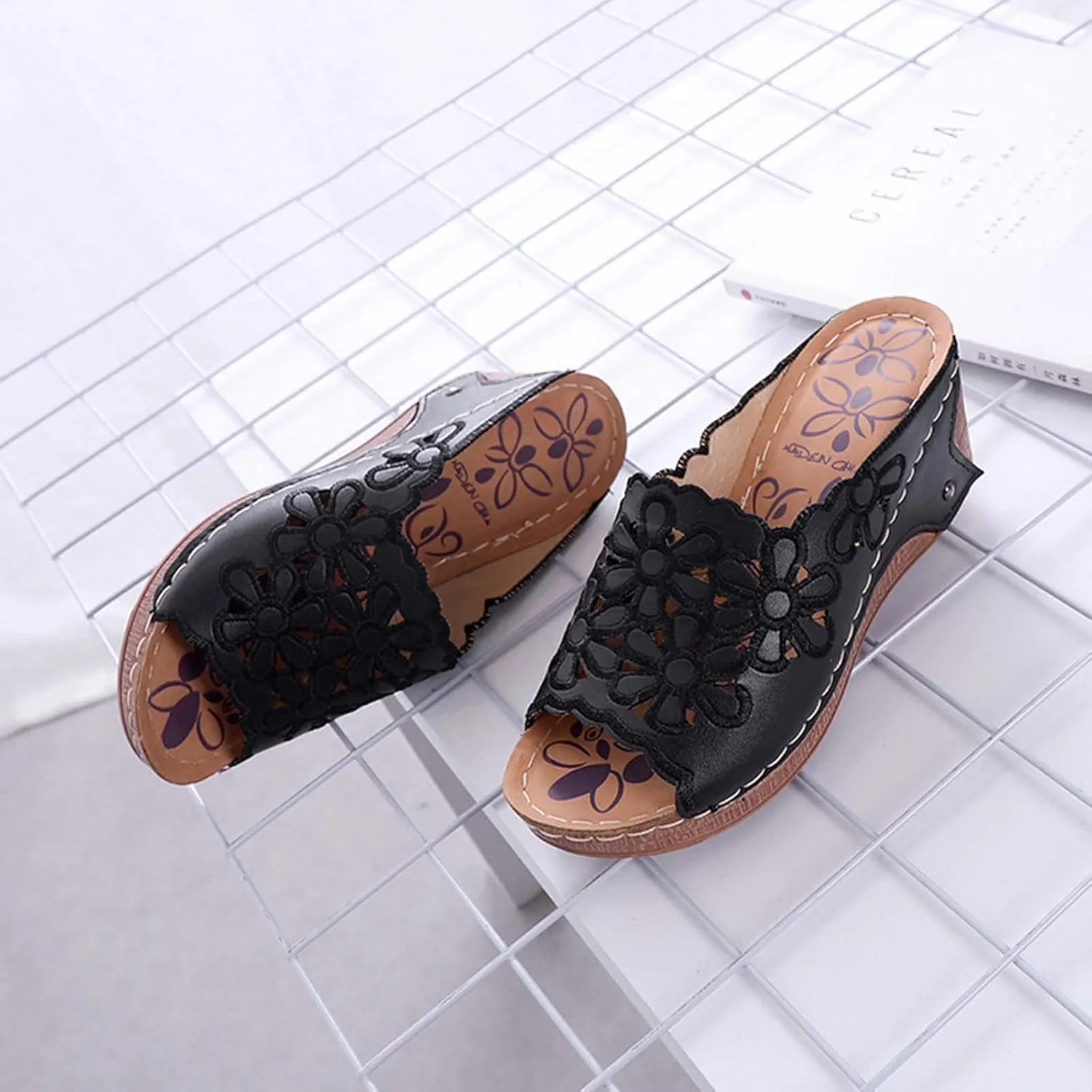 oiangi Wedge Sandals for Women Casual Summer Flower Hollow Open Toe Slip-on Platforms Slipper Comfortable Outdoor Ladies Shoes Flip Flops Sandalias