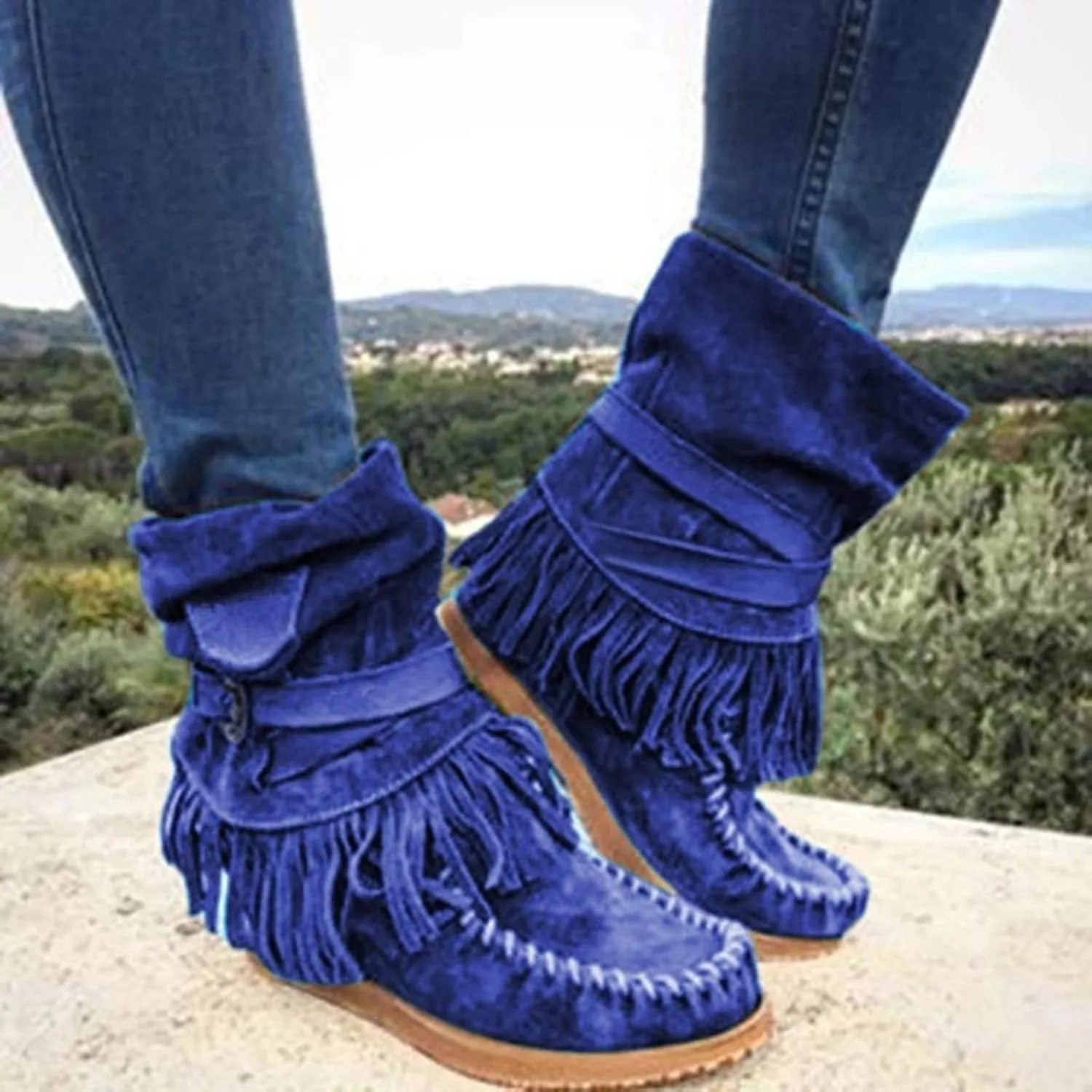 oiangi Women's Ankle Boots & Booties Fashion Tassel Round Toe Buckle Slip On Platform Short Boots Retro Comfortable Casual Fringe Flat Shoes