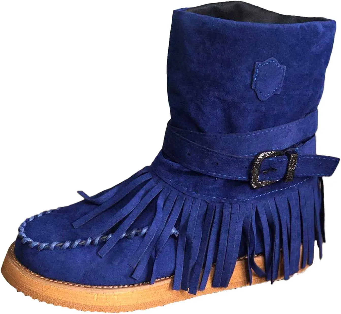 oiangi Women's Ankle Boots & Booties Fashion Tassel Round Toe Buckle Slip On Platform Short Boots Retro Comfortable Casual Fringe Flat Shoes