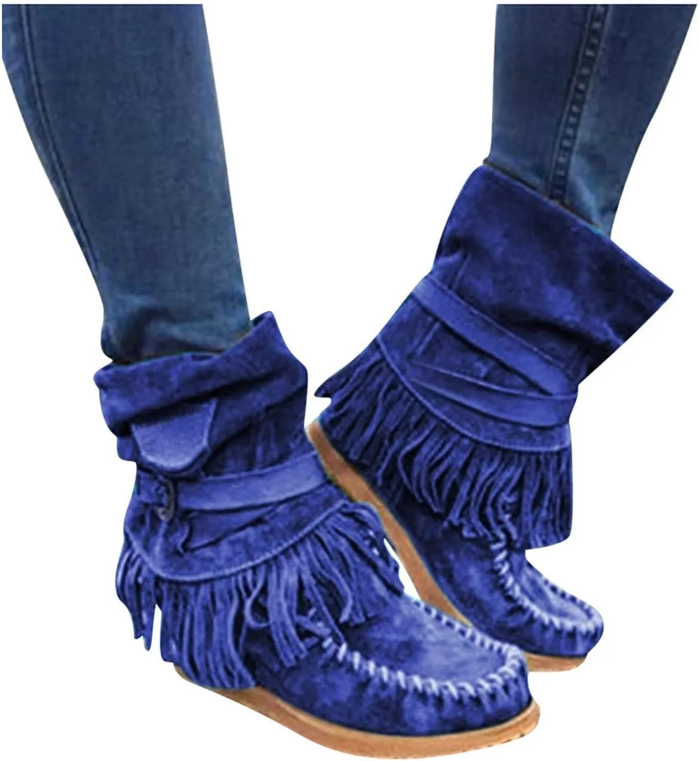 oiangi Women's Ankle Boots & Booties Fashion Tassel Round Toe Buckle Slip On Platform Short Boots Retro Comfortable Casual Fringe Flat Shoes