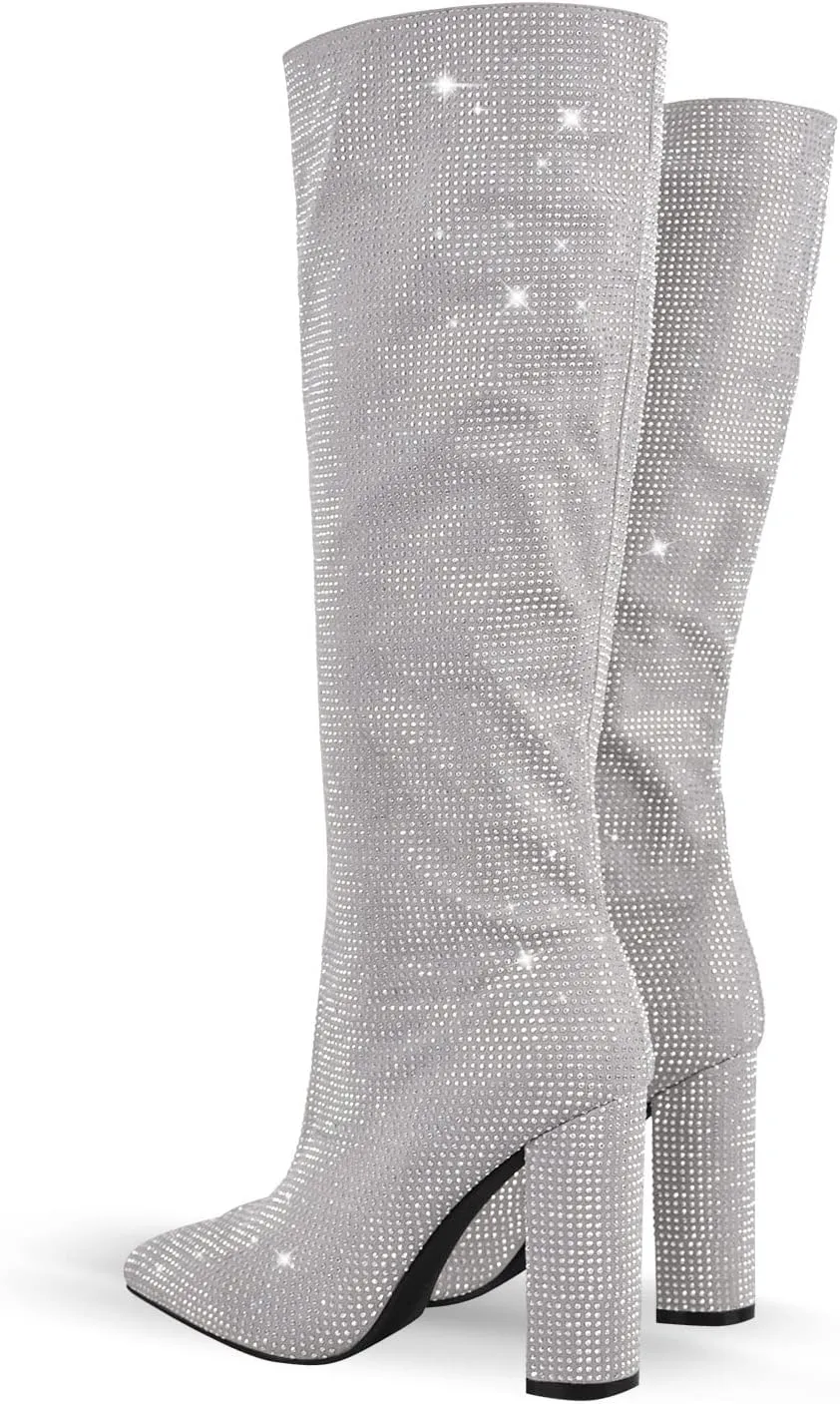 onlymaker Point Toe Knee High Rhinestone Boots for Women Pull-on Chunky Heels Glitter Sequins Booty