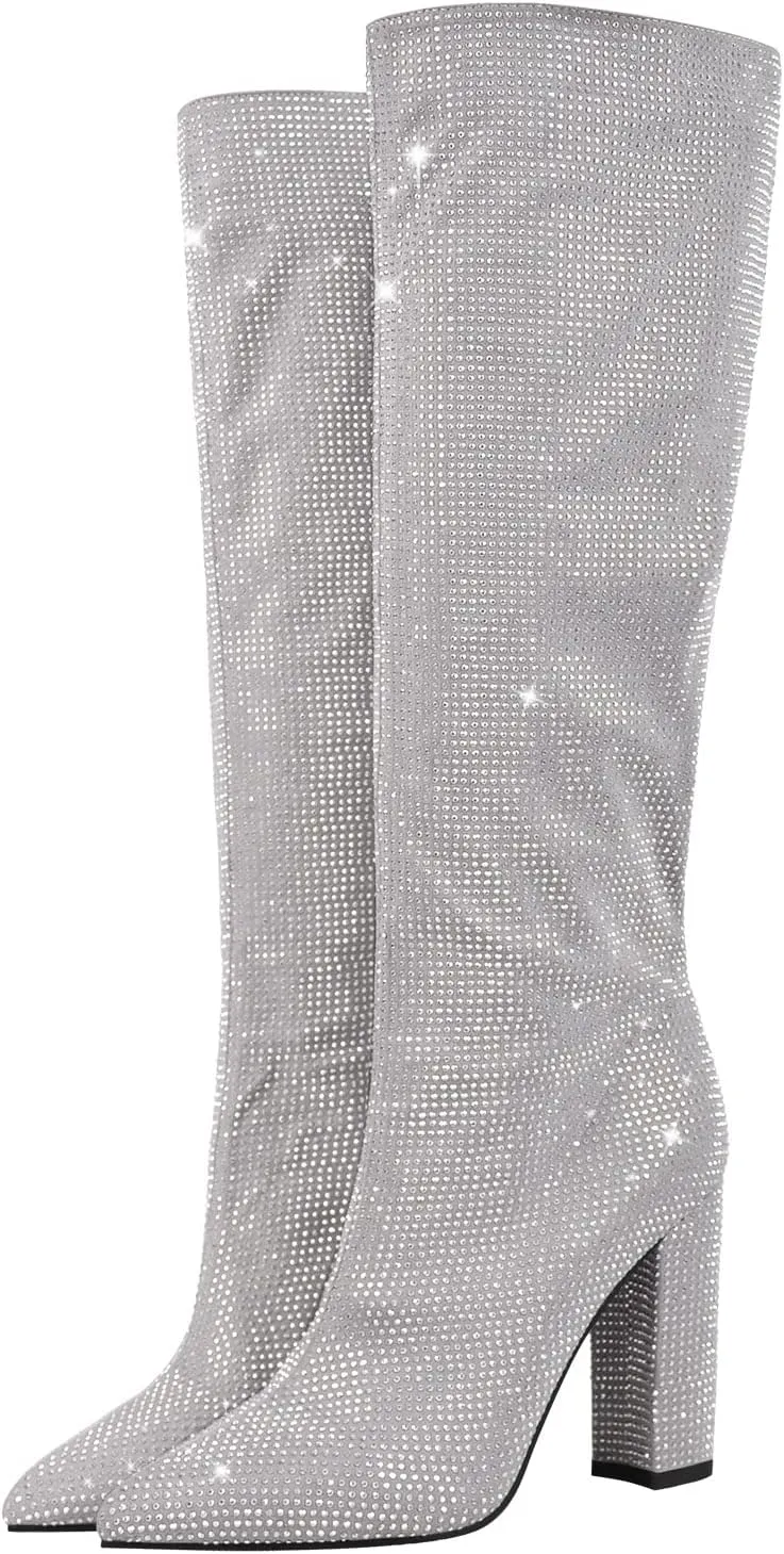 onlymaker Point Toe Knee High Rhinestone Boots for Women Pull-on Chunky Heels Glitter Sequins Booty