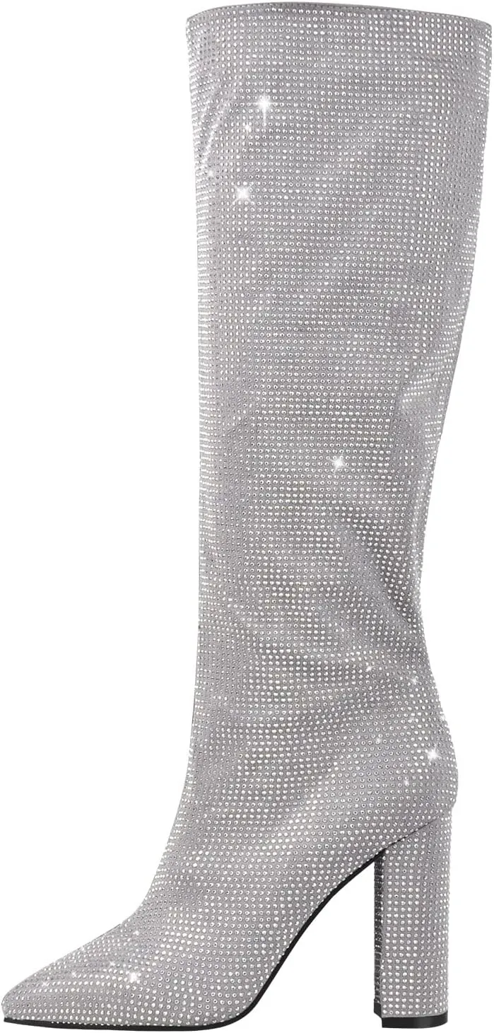 onlymaker Point Toe Knee High Rhinestone Boots for Women Pull-on Chunky Heels Glitter Sequins Booty