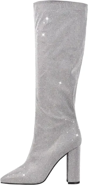 onlymaker Point Toe Knee High Rhinestone Boots for Women Pull-on Chunky Heels Glitter Sequins Booty