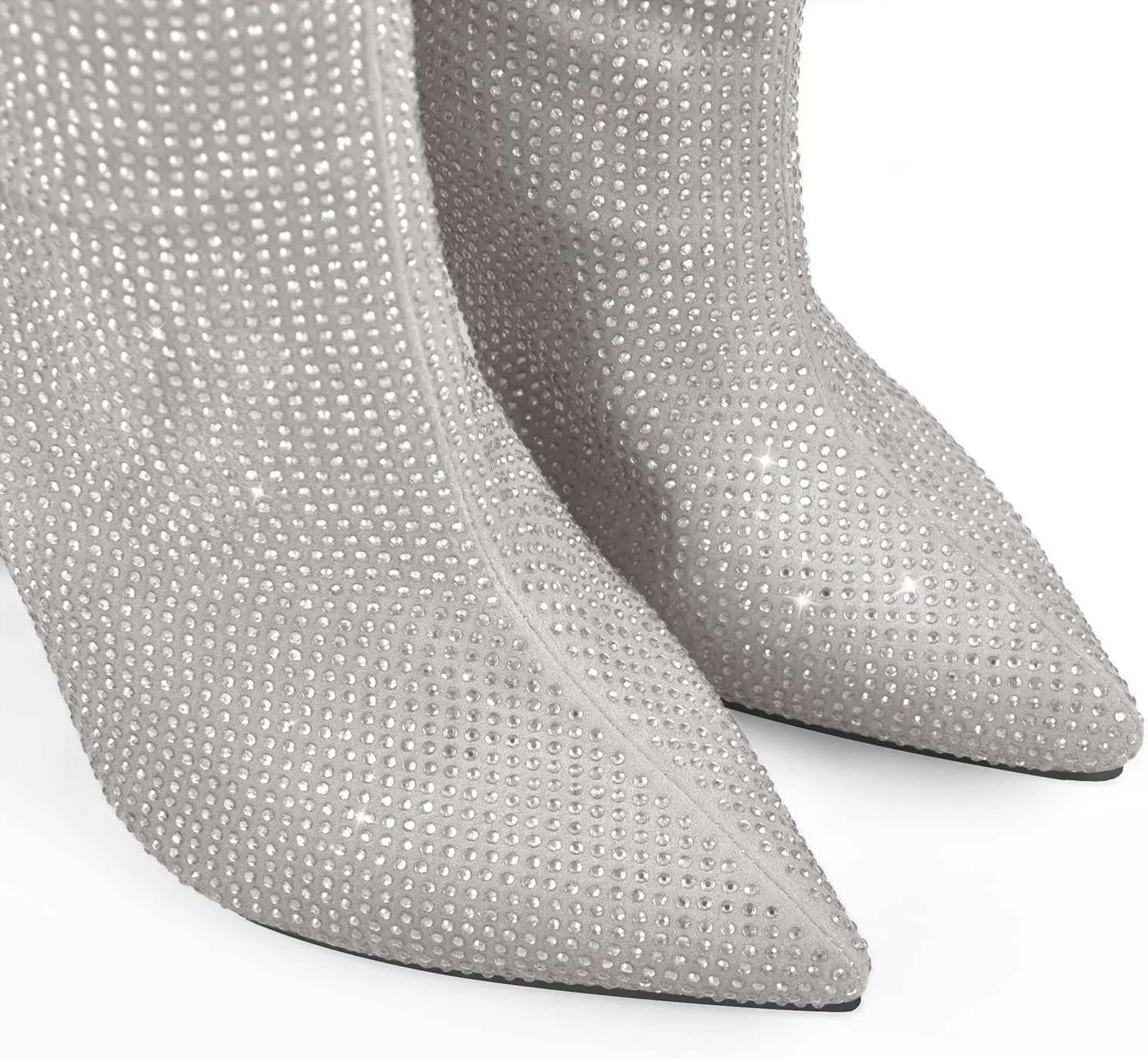 onlymaker Point Toe Knee High Rhinestone Boots for Women Pull-on Chunky Heels Glitter Sequins Booty