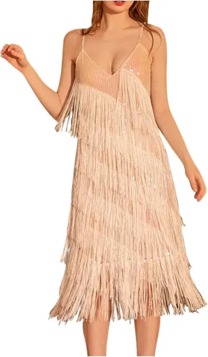 Oplxuo Cocktail Dresses for Women Sexy Deep V-Neck All-Over Fringe Spaghetti Straps Dress Sequins Feather Prom Party Dress