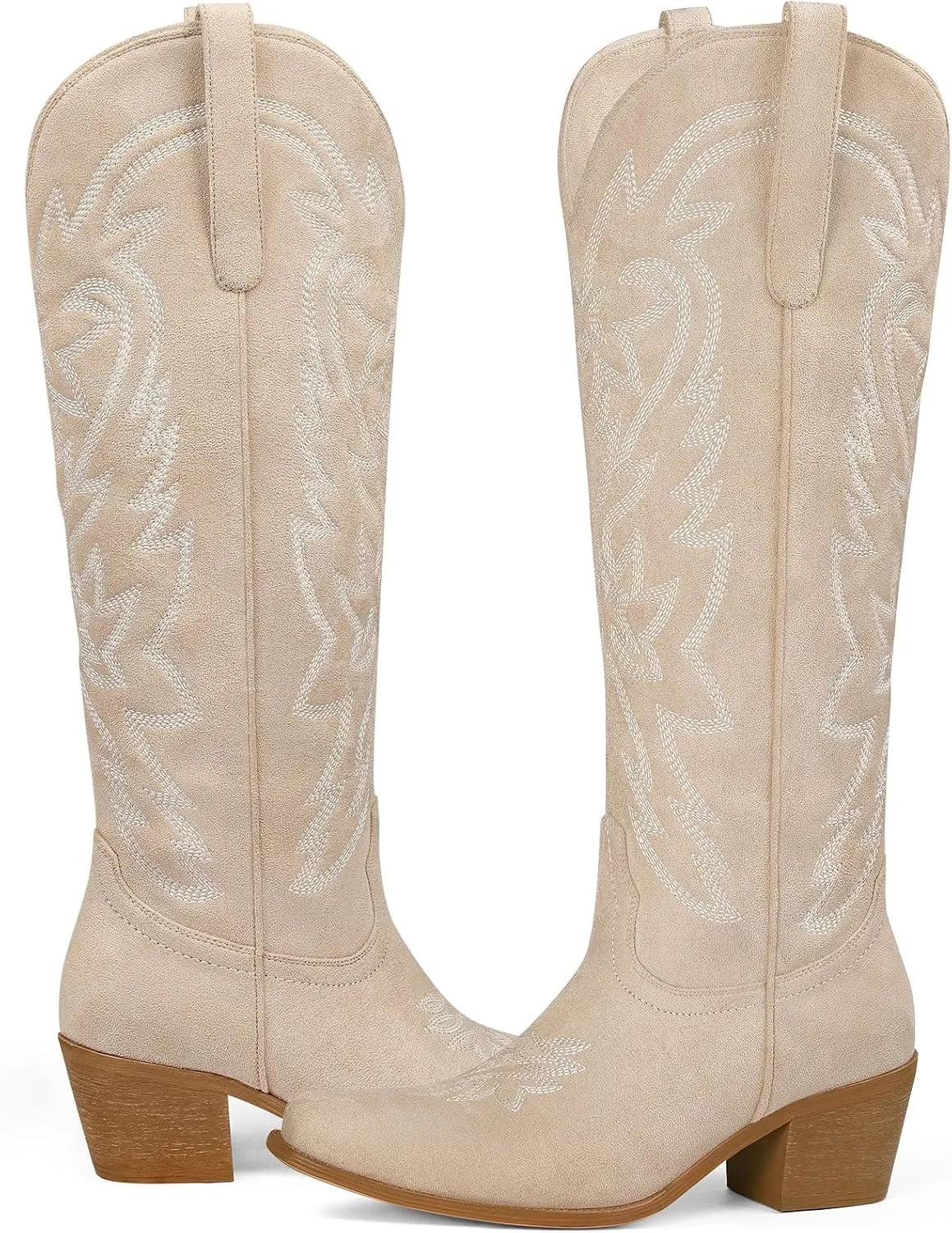 Ouepiano Cowboy Boots for Women Cowgirl Knee High Boots with Classic Embroidered Pull On & Side Zipper Pointed Toe Chunky Heel Vintage Country Western Botas