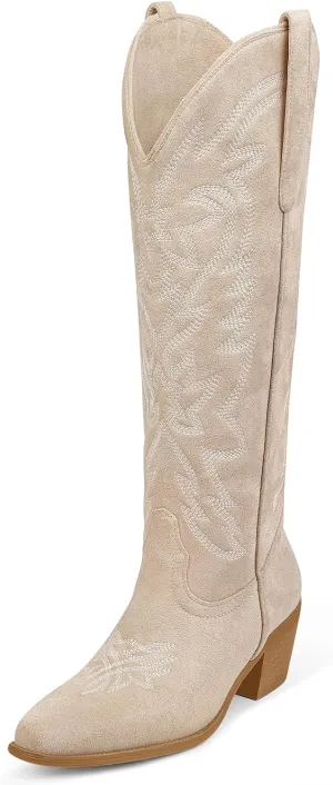 Ouepiano Cowboy Boots for Women Cowgirl Knee High Boots with Classic Embroidered Pull On & Side Zipper Pointed Toe Chunky Heel Vintage Country Western Botas