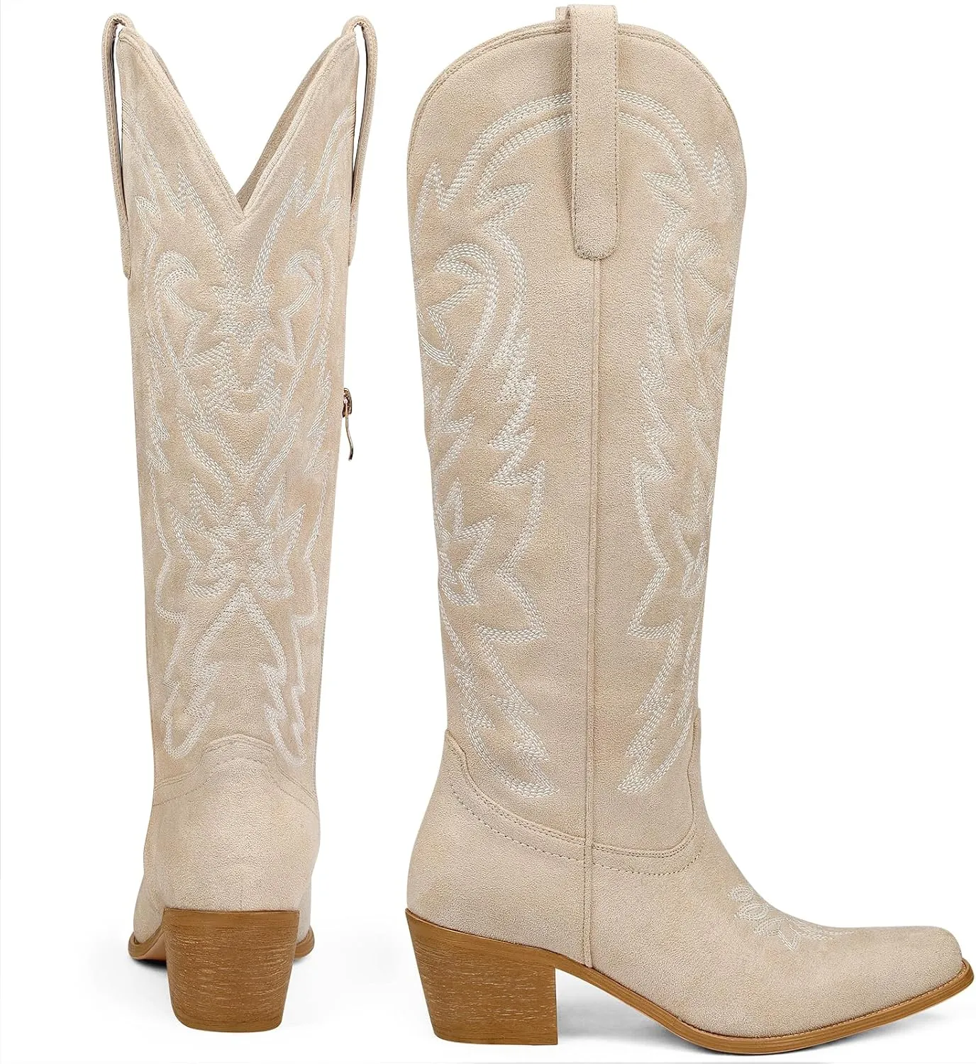 Ouepiano Cowboy Boots for Women Cowgirl Knee High Boots with Classic Embroidered Pull On & Side Zipper Pointed Toe Chunky Heel Vintage Country Western Botas