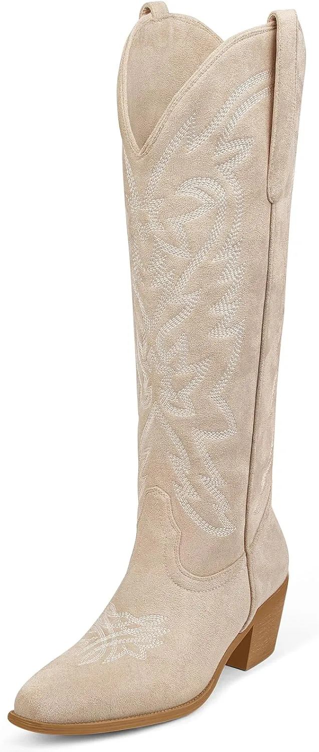 Ouepiano Cowboy Boots for Women Cowgirl Knee High Boots with Classic Embroidered Pull On & Side Zipper Pointed Toe Chunky Heel Vintage Country Western Botas