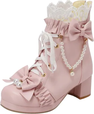 Parisuit Womens Cute Pearl Bow Goth Lolita Boots Chunky Heel Ankle Boots Platform Lace Up Booties Sweet Lace Cosplay Shoes