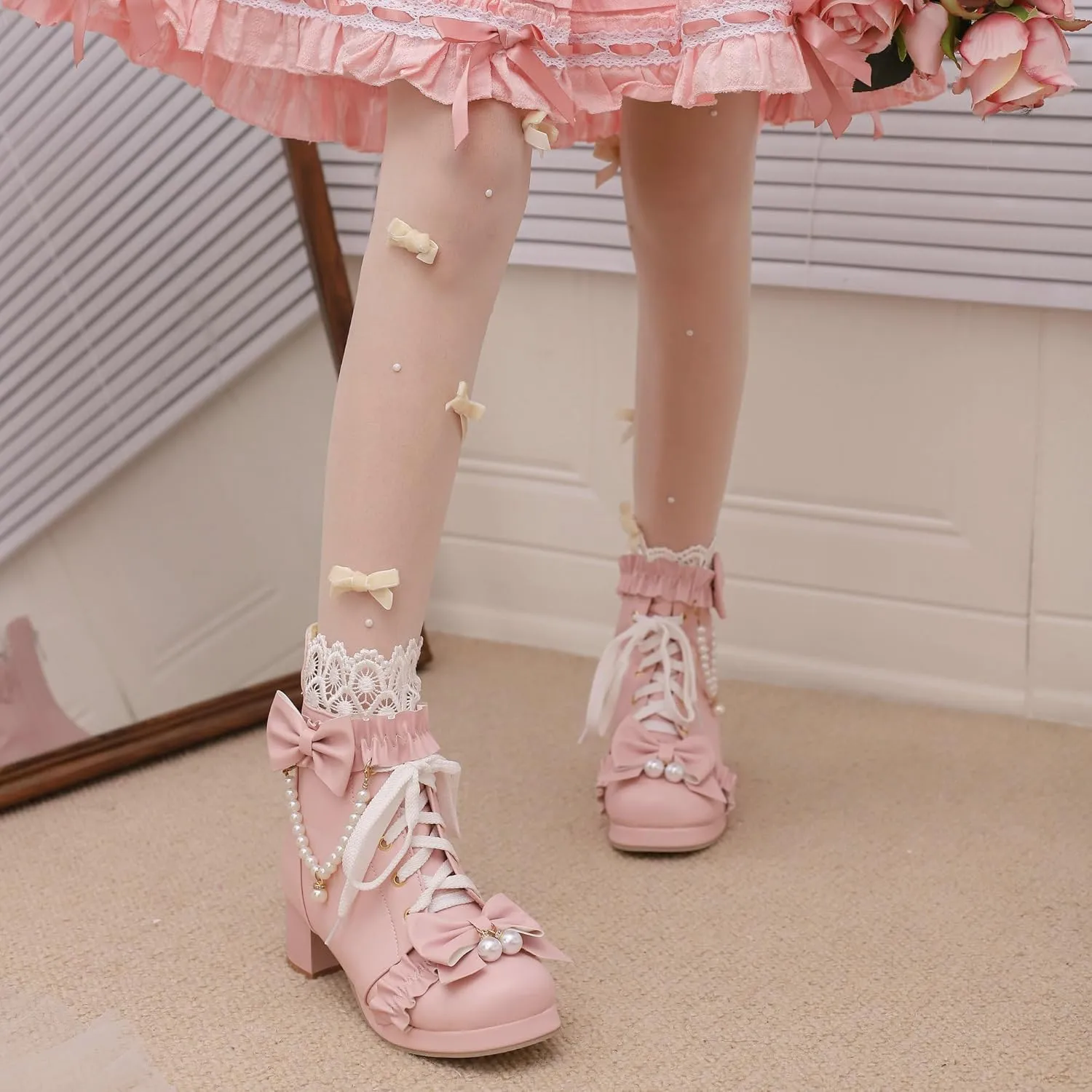 Parisuit Womens Cute Pearl Bow Goth Lolita Boots Chunky Heel Ankle Boots Platform Lace Up Booties Sweet Lace Cosplay Shoes