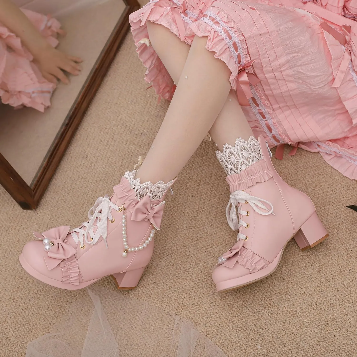 Parisuit Womens Cute Pearl Bow Goth Lolita Boots Chunky Heel Ankle Boots Platform Lace Up Booties Sweet Lace Cosplay Shoes