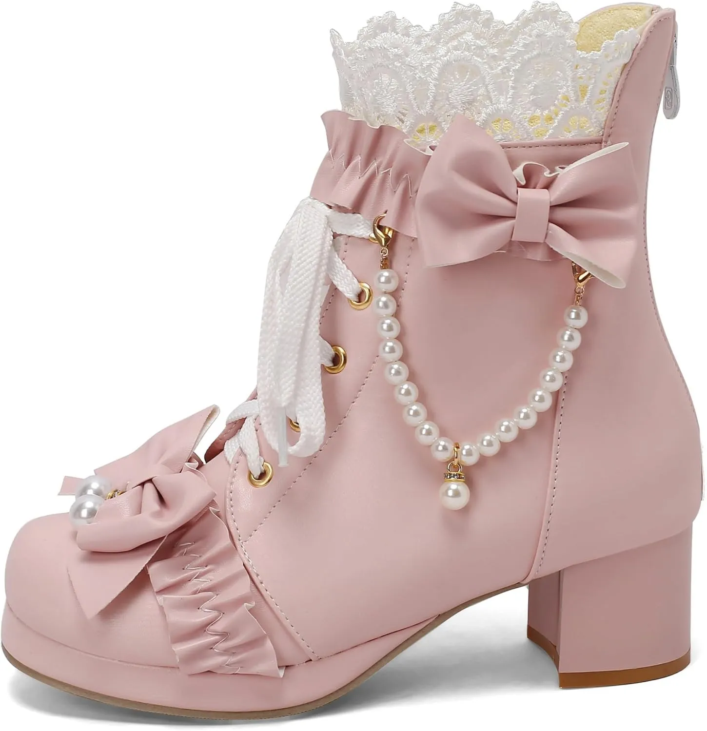 Parisuit Womens Cute Pearl Bow Goth Lolita Boots Chunky Heel Ankle Boots Platform Lace Up Booties Sweet Lace Cosplay Shoes