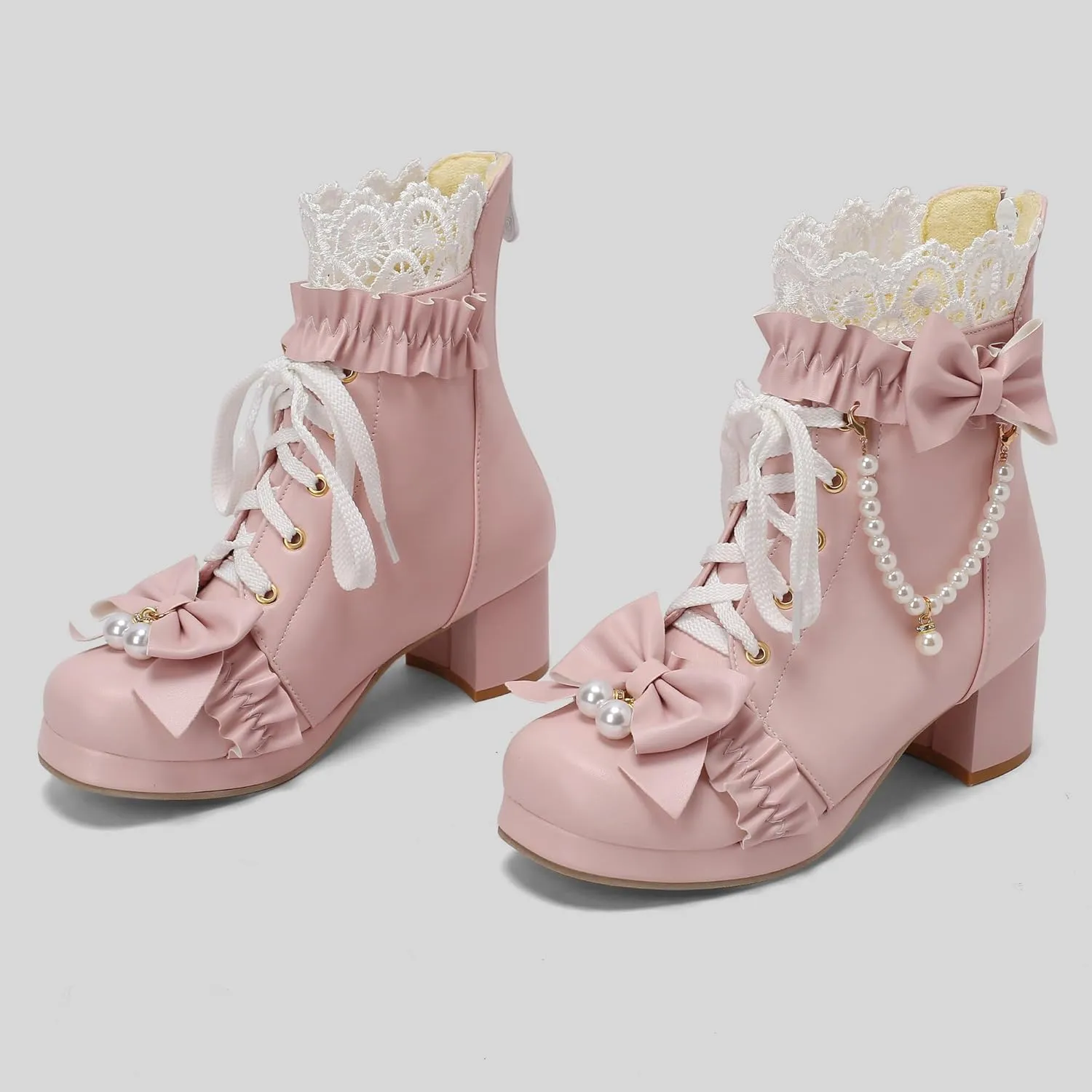 Parisuit Womens Cute Pearl Bow Goth Lolita Boots Chunky Heel Ankle Boots Platform Lace Up Booties Sweet Lace Cosplay Shoes
