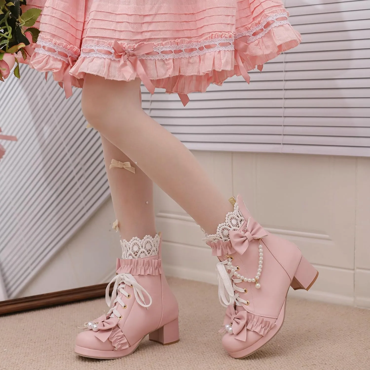 Parisuit Womens Cute Pearl Bow Goth Lolita Boots Chunky Heel Ankle Boots Platform Lace Up Booties Sweet Lace Cosplay Shoes