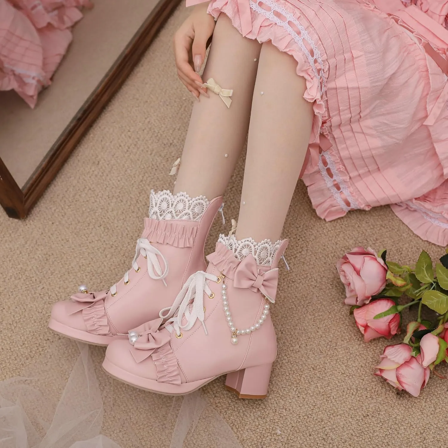 Parisuit Womens Cute Pearl Bow Goth Lolita Boots Chunky Heel Ankle Boots Platform Lace Up Booties Sweet Lace Cosplay Shoes
