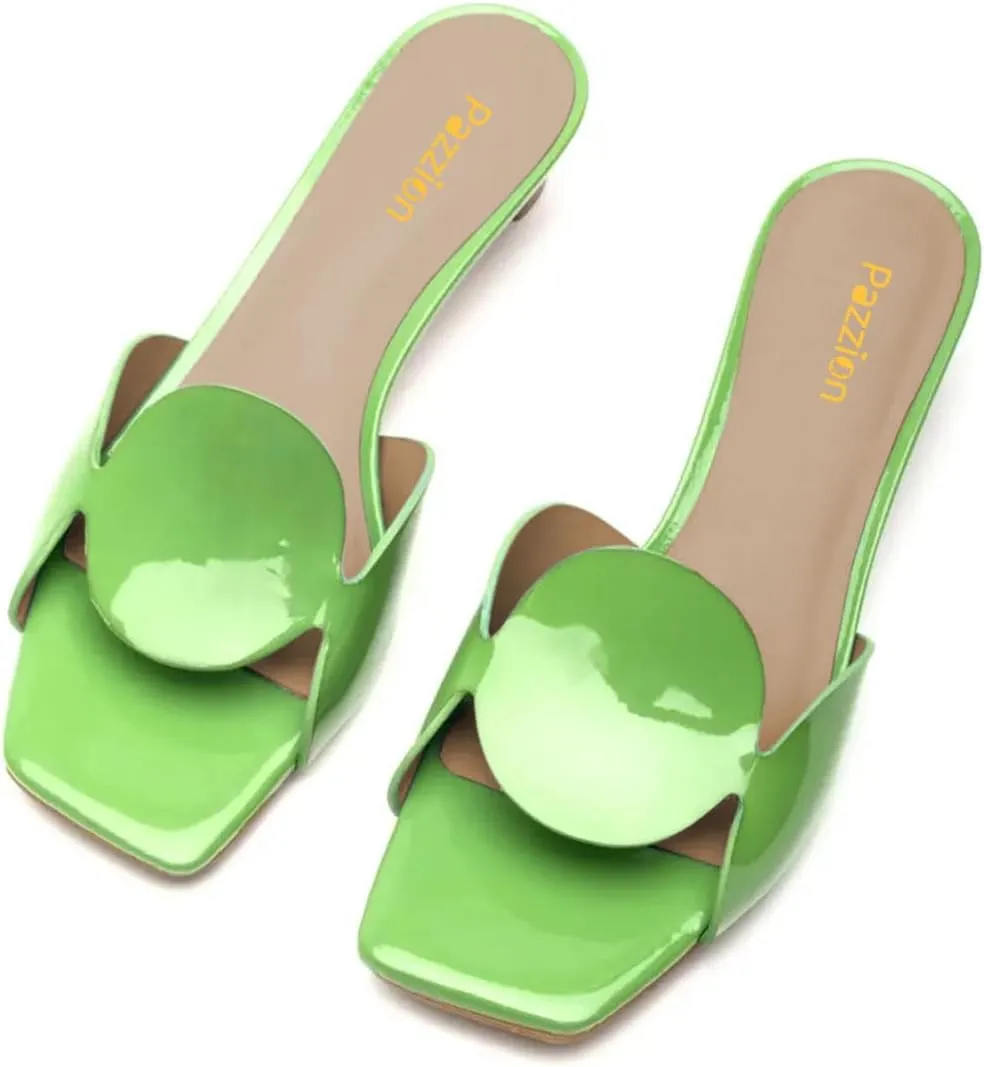 Pazzion Women Circle Slides Sandals Patent Leather Comfortable Low Heels Glossy Open Toe Party Shoes Size 4-16 US